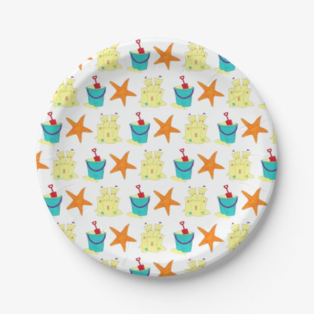 Beach Party Sandcastle Starfish Sand Bucket Paper Plates (Front)