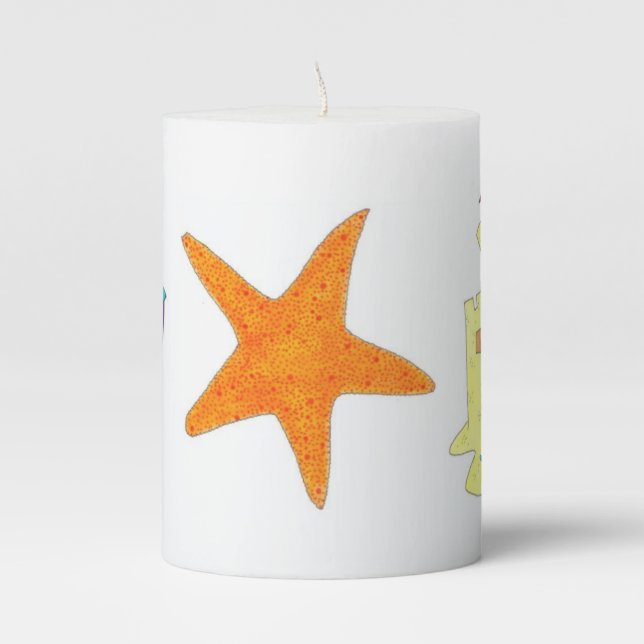 Beach Party Sandcastle Starfish Sand Bucket Pillar Candle (Front)