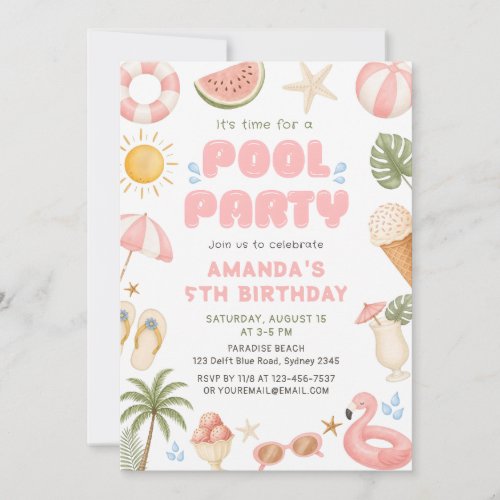 Beach Party Summer Pool Party Birthday  Invitation