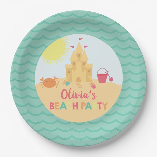Beach Party Summer Sand castle Birthday Paper Plates (Front)
