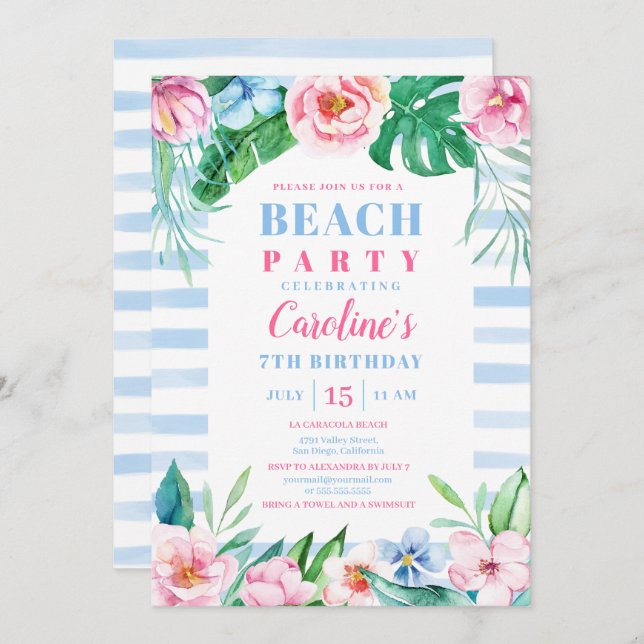 Beach Party Tropical Floral Blue Stripes Birthday Invitation (Front/Back)