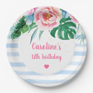 Beach Party Tropical Floral Blue Stripes Birthday Paper Plates