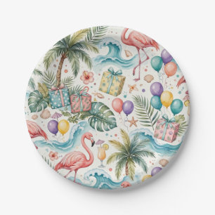Beach Party Tropical Palm Trees Pink Flamingos Paper Plates