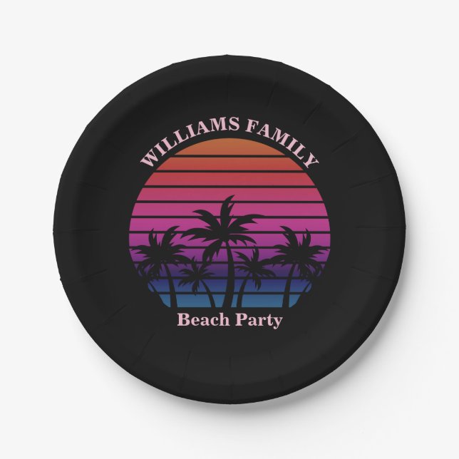 Beach Party Tropical Sunset Palm Trees Black Paper Plates (Front)