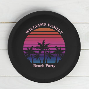 Beach Party Tropical Sunset Palm Trees Black Paper Plates