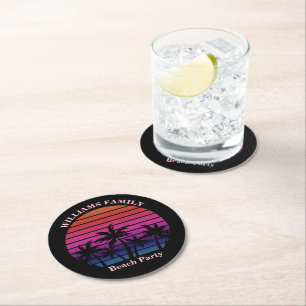 Beach Party Tropical Sunset Palm Trees Black Round Paper Coaster