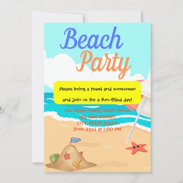 Beach Party with a Sand Castle & a Starfish Party Invitation (Front)