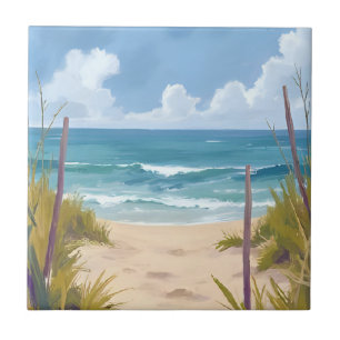 Beach Path Ocean Watercolor Coastal Painted Ceramic Tile