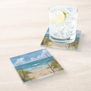 Beach Path   Ocean Watercolor Coastal Painted Glass Coaster