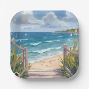 Beach Path Watercolor Coastal Dunes Ocean Painting Paper Plates