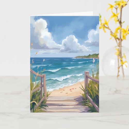 Beach Path Watercolor Coastal Ocean Painting Card