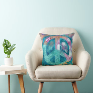 Beach Peace Sign HIppie Boho Teal Pink Sand Throw Pillow