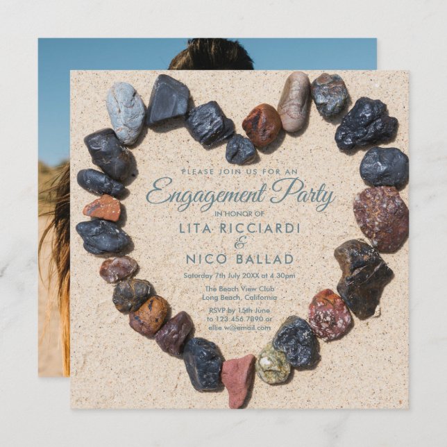 Beach Pebble Heart Photo Engagement Invitation (Front/Back)