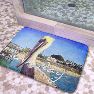 Beach Pelican Bird Photography Sun Day Script Bold Bathroom Mat