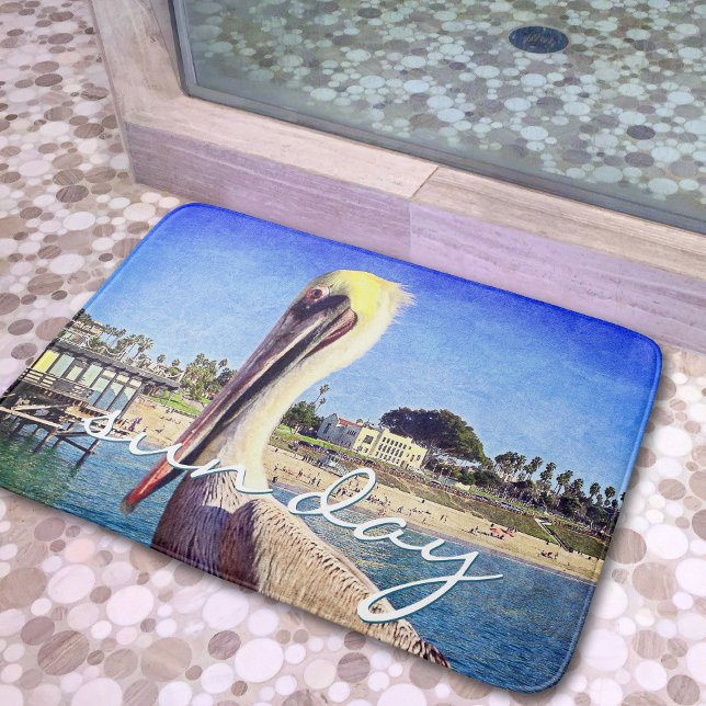 Beach Pelican Bird Photography Sun Day Script Bold Bathroom Mat (Creator Uploaded)