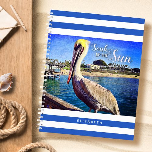 Beach Pelican Blue White Stripes Soak up the Sun Notebook