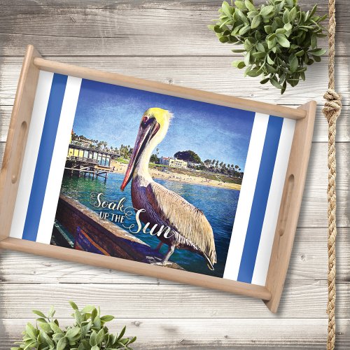 Beach Pelican Photo Soak Up The Sun Blue Stripes Serving Tray