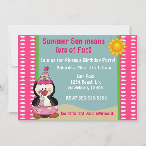 Beach Penguin Pink Girls Birthday Invitation