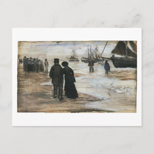 Beach, People Walking & Boats Van Gogh Fine Art Postcard (Front)