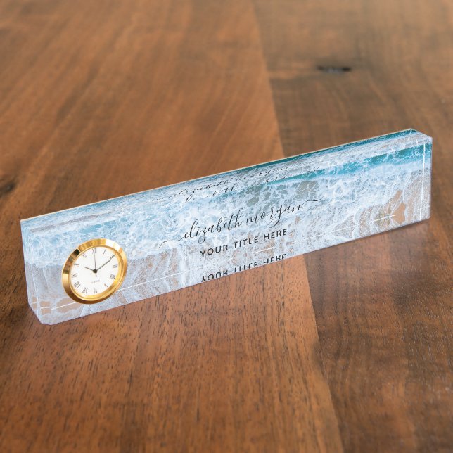 Beach Personalized Blue Script Elegant Desk Name Plate (Side)