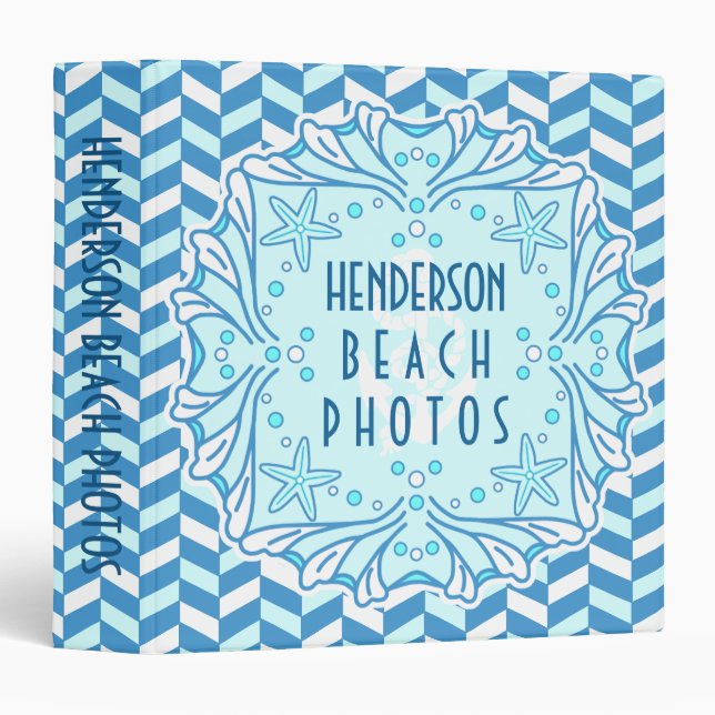 Beach Photo Album Art Deco Shell and Herringbone 3 Ring Binder (Front/Spine)