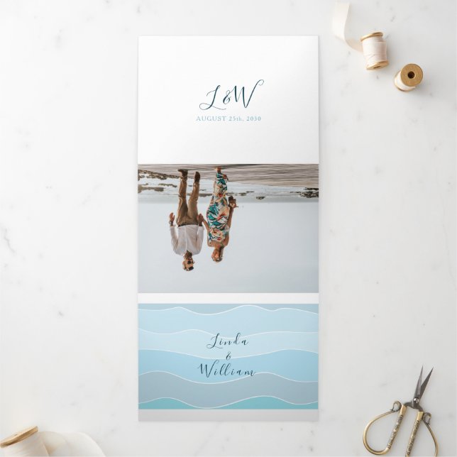 Beach Photo Blue Wedding Tri-Fold Invitation (Outside)