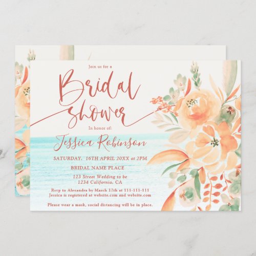 Beach photo boho floral watercolor bridal shower invitation