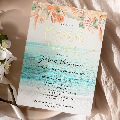 Beach photo floral watercolor boho bridal shower foil invitation