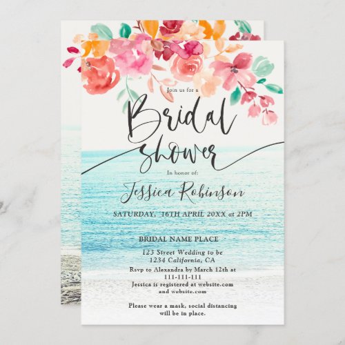 Beach photo floral watercolor fall bridal shower invitation