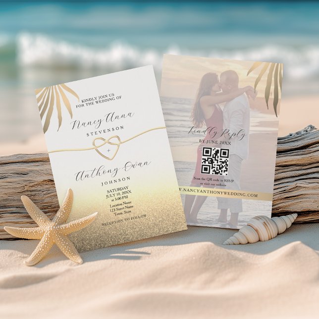 Beach Photo Gold Wedding Invitation (Creator Uploaded)