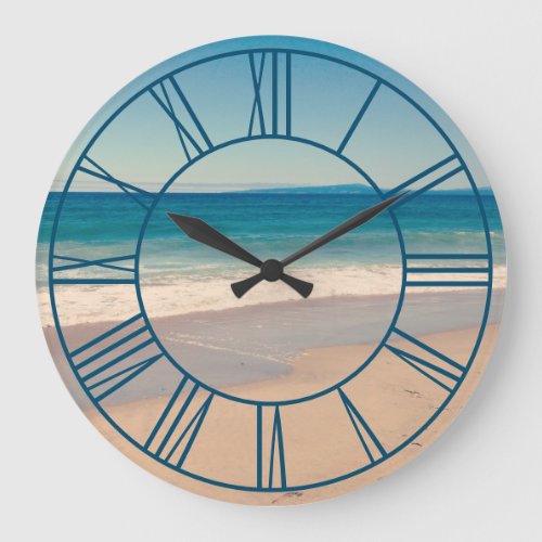 Beach Photo Ocean Blue Roman Numerals Large Clock