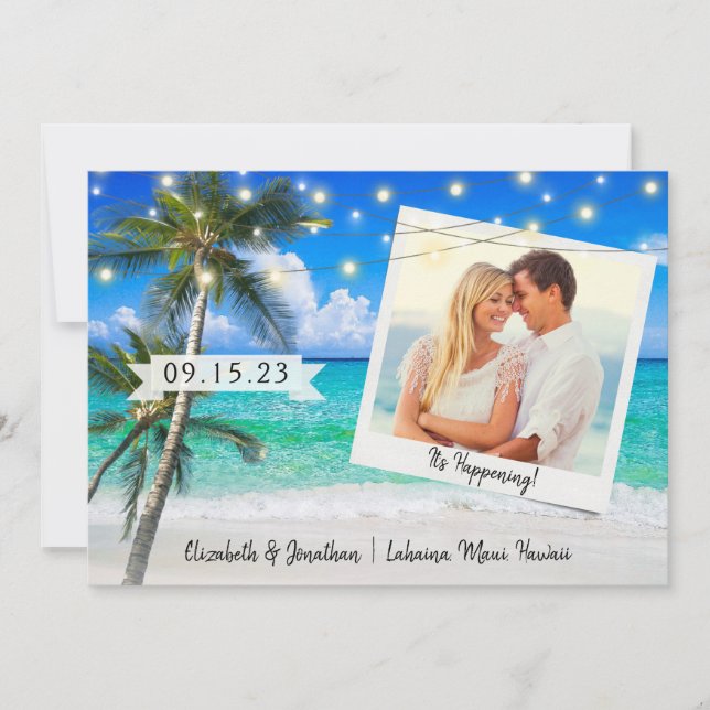 Beach Photo Palm String Lights Destination Save The Date (Front)