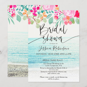 Beach photo pink floral watercolor bridal shower invitation