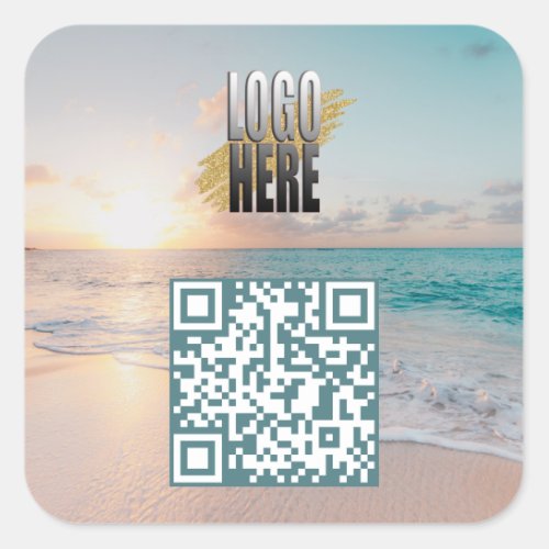  Beach Photo QR Code With Business Logo  Square Sticker