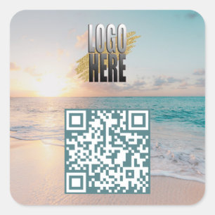 Beach Photo QR Code With Business Logo Square Sticker
