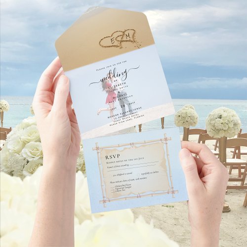 Beach Photo Wedding Invite RSVP Menu Hearts Sand