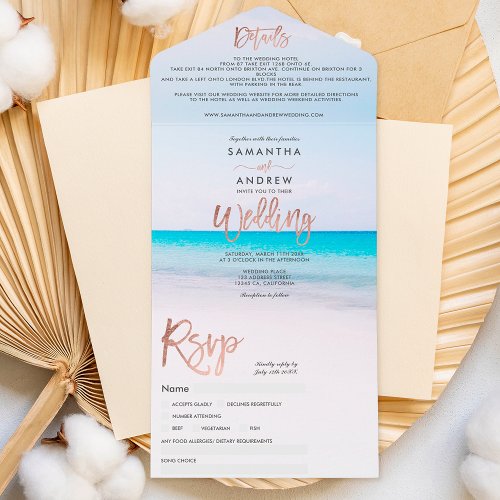 beach photo wedding Rose gold typography All In One Invitation