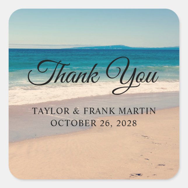 Beach Photo Wedding Thank You Square Sticker (Front)
