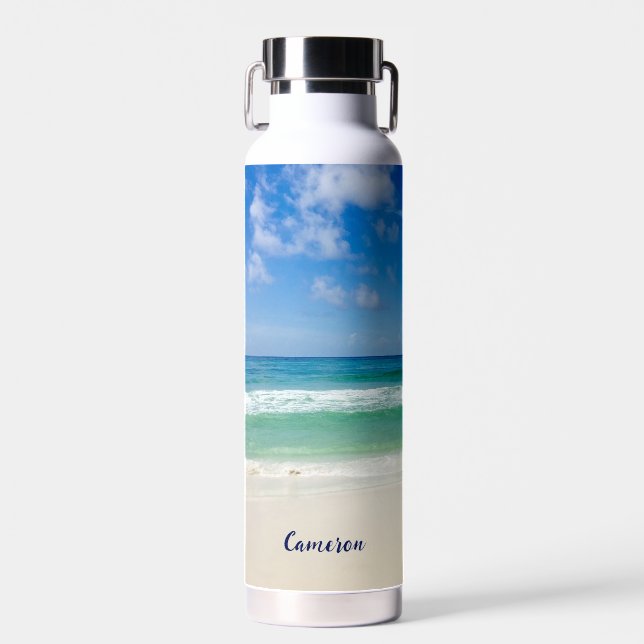 Beach Photography Blue Ocean Waves Personalized Water Bottle (Front)