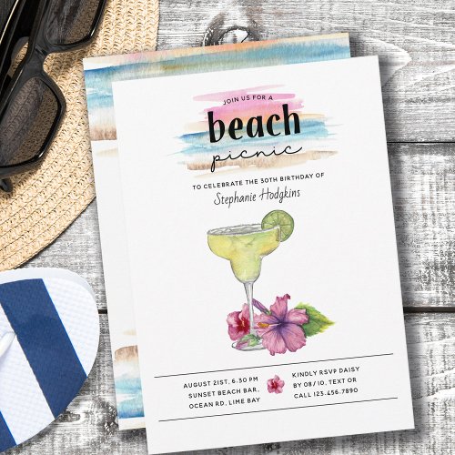 Beach Picnic Sundowner Margarita Hibiscus Birthday Invitation