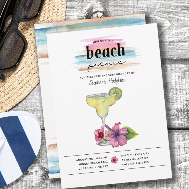 Beach Picnic Sundowner Margarita Hibiscus Birthday Invitation (Creator Uploaded)