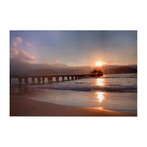 Beach pier at sunset Hawaii Acrylic Print