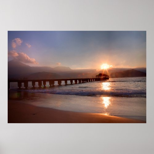 Beach pier at sunset Hawaii Poster