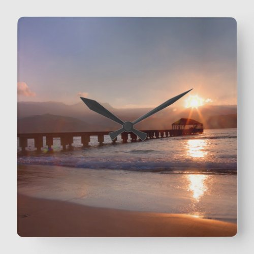 Beach pier at sunset Hawaii Square Wall Clock