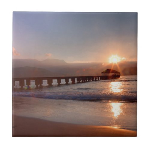 Beach pier at sunset Hawaii Tile