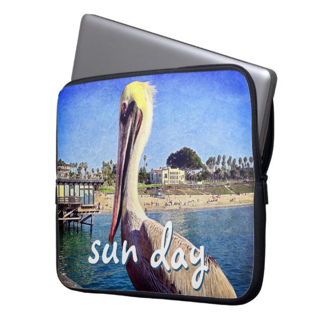 Beach Pier Pelican Bird Photo Sun Day Quote Script Laptop Sleeve (Front Left)