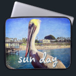 Beach Pier Pelican Bird Photo Sun Day Quote Script Laptop Sleeve<br><div class="desc">This happy pelican perched on a railing overlooking a California beach screams “vacation ready”. Drift back to the warm ocean breezes whenever you use this colorful photography neoprene laptop sleeve. This laptop sleeve comes in three sizes: 15", 13", and 10”. Makes a great gift for someone special! You can easily...</div>
