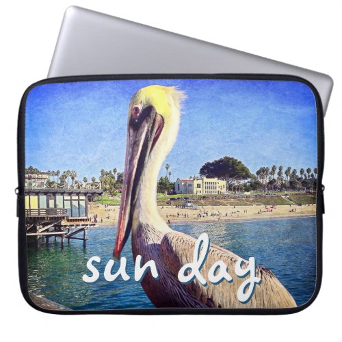 Beach Pier Pelican Bird Photo Sun Day Quote Script Laptop Sleeve