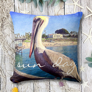 Beach Pier Pelican Bird Photography Sun Day Quote Throw Pillow
