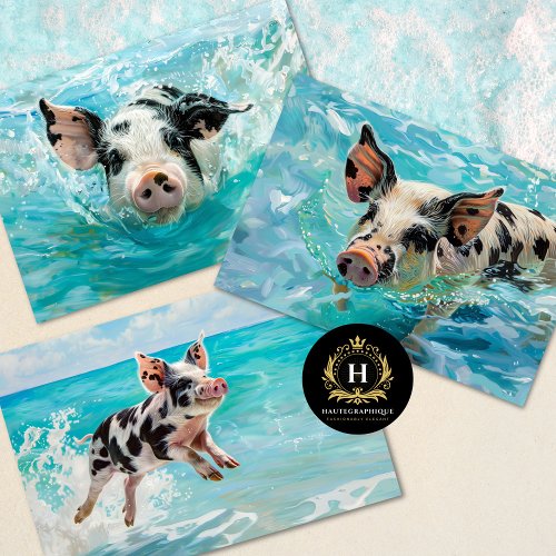 Beach Pig Swimming Decoupage Wrapping Paper Sheets